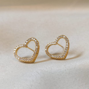 Brinco Banho Ouro 18K – Coração Fixo med. Zircônia Festa