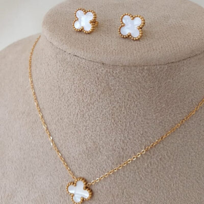 Conjunto Colar + Brinco Trevo Perolado - Aço Dourado