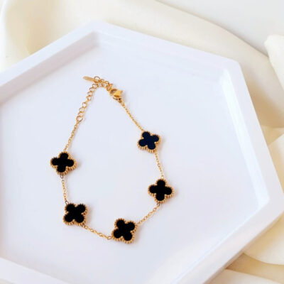 Pulseira Trevo Preto 5 - Aço Dourado