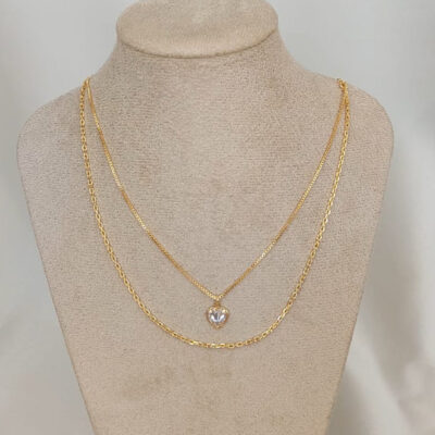 Colar Banho Ouro 18K Duplo - Coração com Cristal