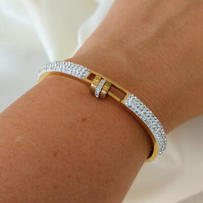 Bracelete Cravejado com Zircônia 3 Fileiras - 3 Anéis - Aço Dourado
