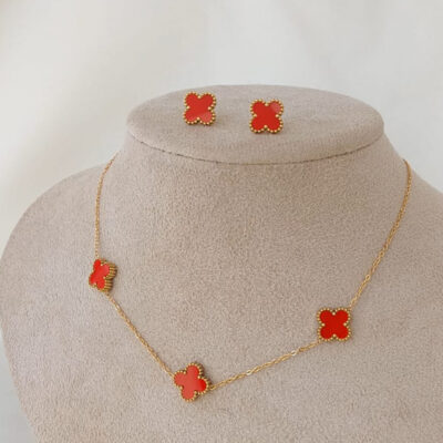 Conjunto Colar + Brinco 3 Trevos Vermelhos VS - Aço Dourado