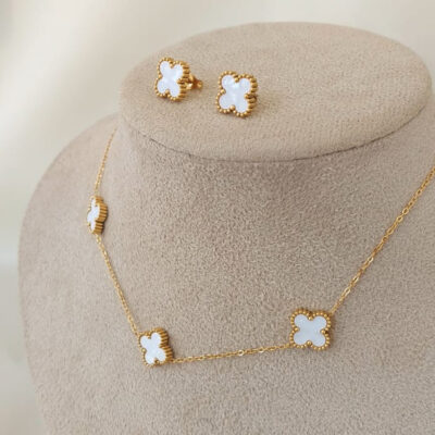 Conjunto Colar e Brinco 3 Trevos Perolado VS - Aço Dourado