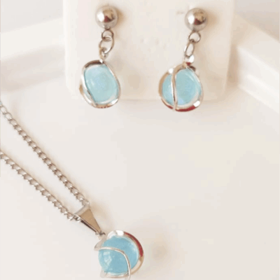 Conjunto Colar e Brinco Água Marinha -  Aço Inoxidável
