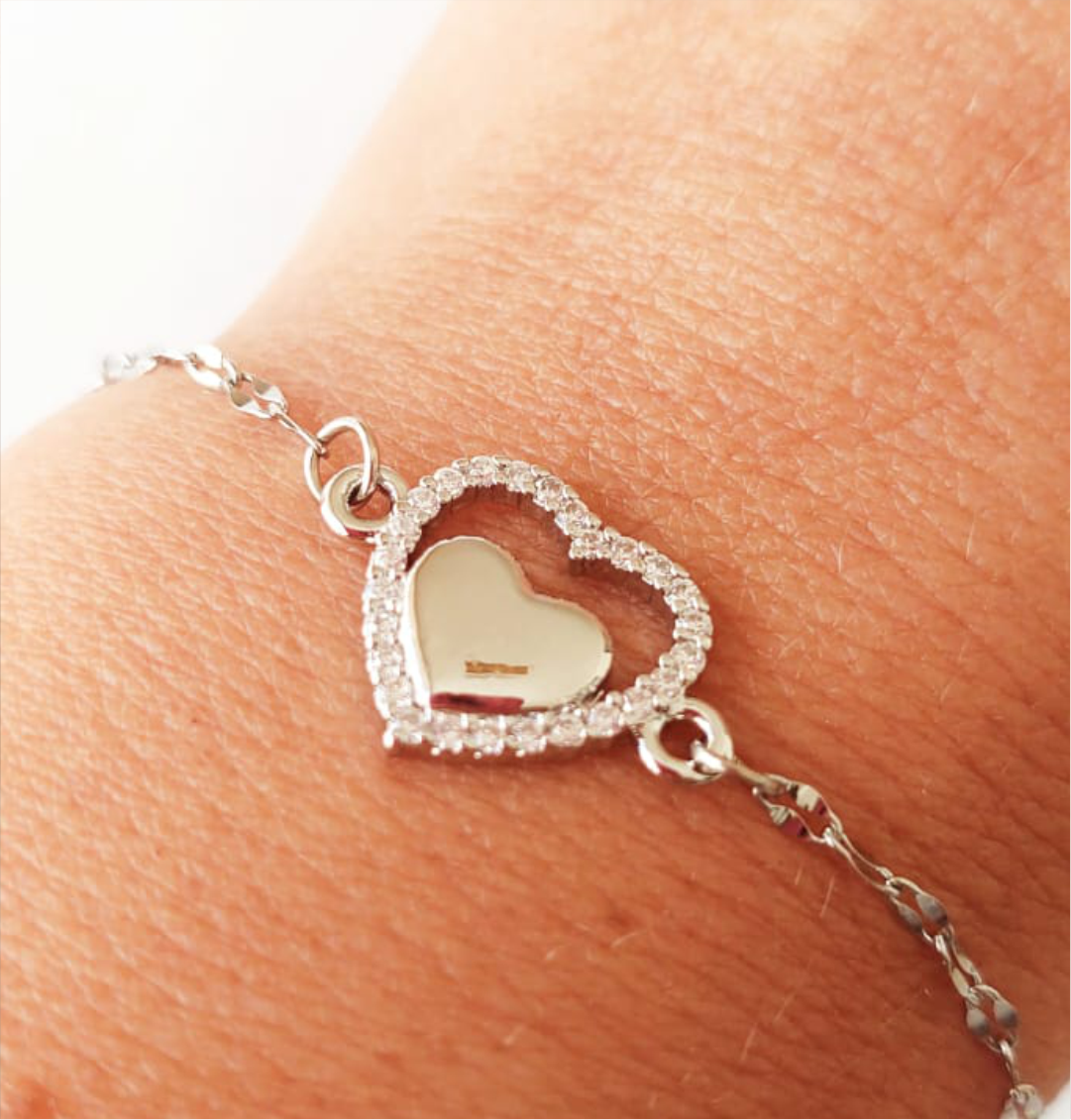 Pulseira Coração Vazado Cravejado com Zircônia - Aço Inoxidável