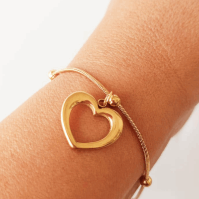 Pulseira Coração Vazado e Bolinhas - Aço Dourado