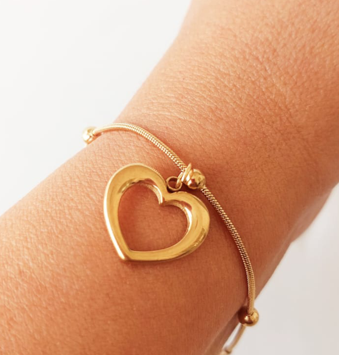Pulseira Coração Vazado e Bolinhas - Aço Dourado