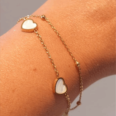 Pulseira Dupla Coração Perolado - Aço Dourado