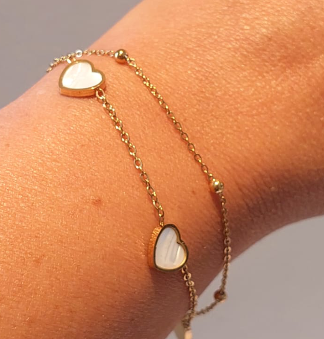 Pulseira Dupla Coração Perolado - Aço Dourado